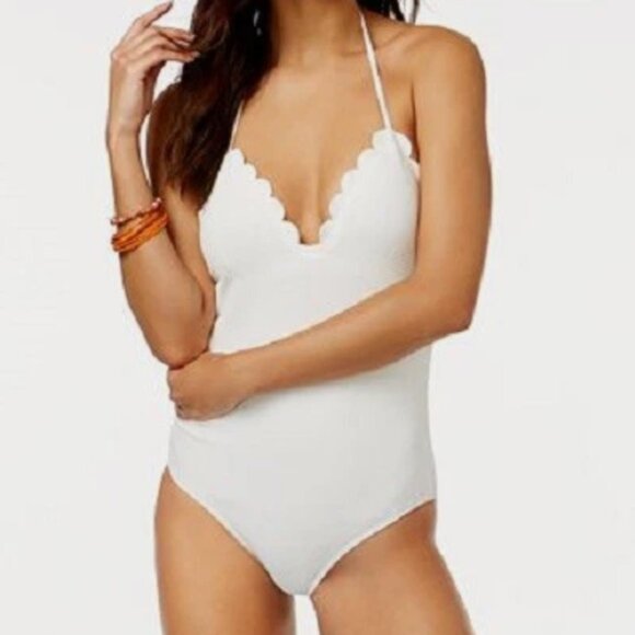 NWT Jessica Simpson Swimsuit 1 one piece Sz L White Sea Scalloped - Picture 1 of 2